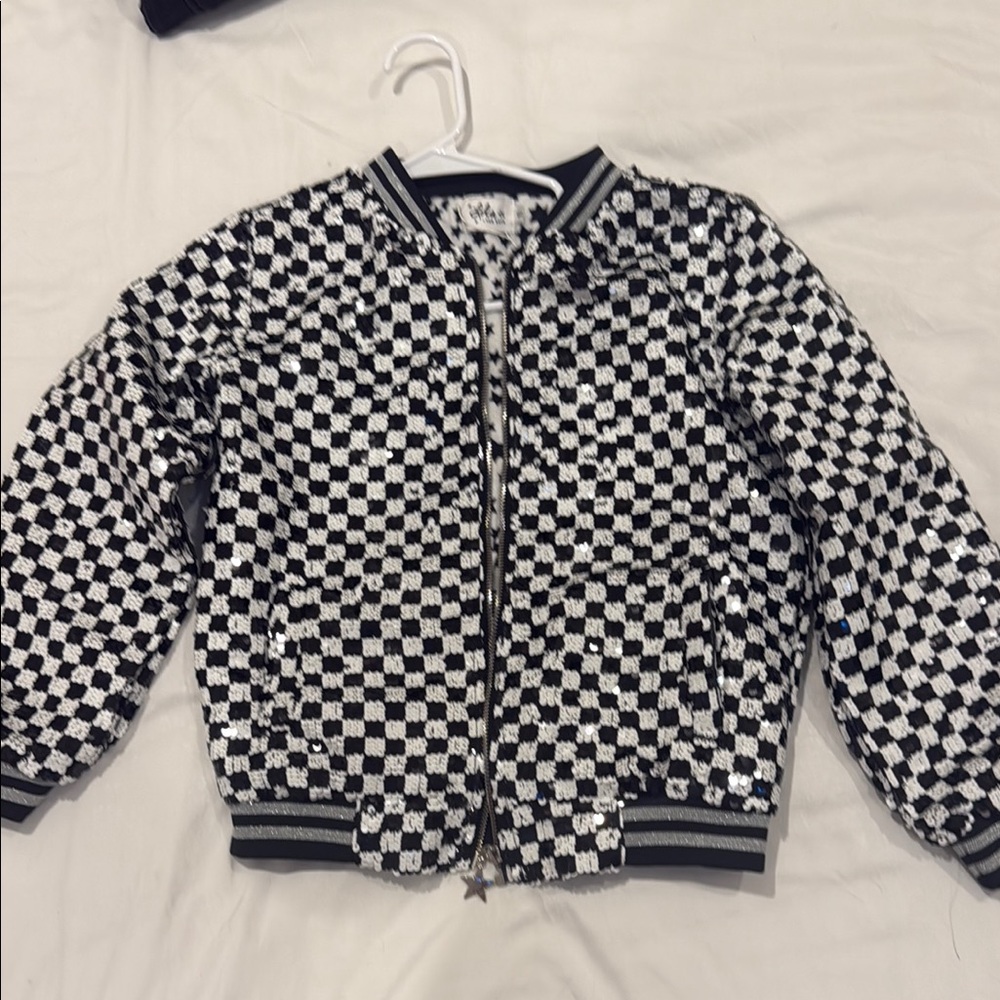 Lola + The Boys Black & White Sequin Checkerboard Bomber Jacket